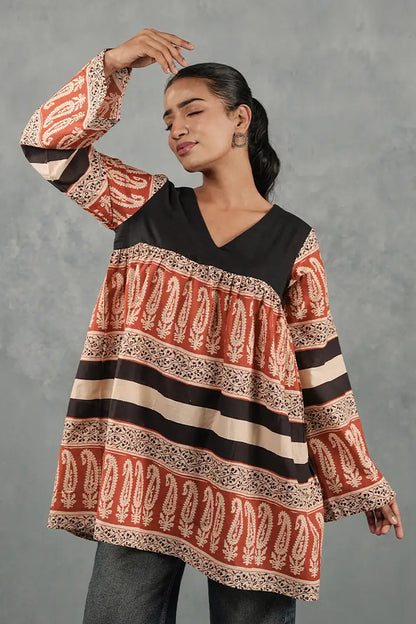 Rust & Black Printed Flare Top