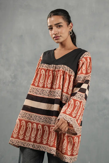 Rust & Black Printed Flare Top