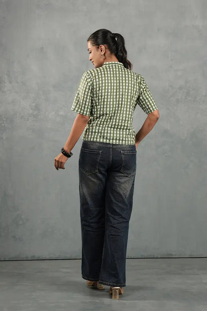 Olive Gingham Cinched Top