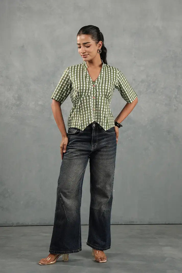 Olive Gingham Cinched Top
