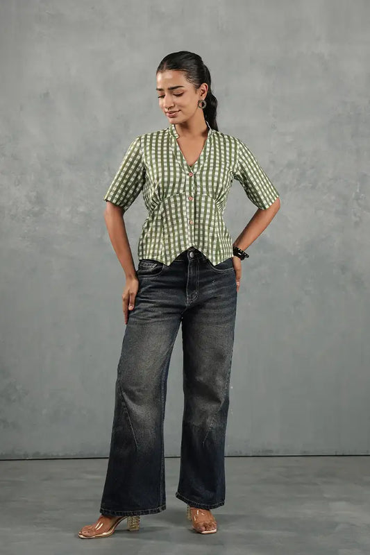 Olive Gingham Cinched Top