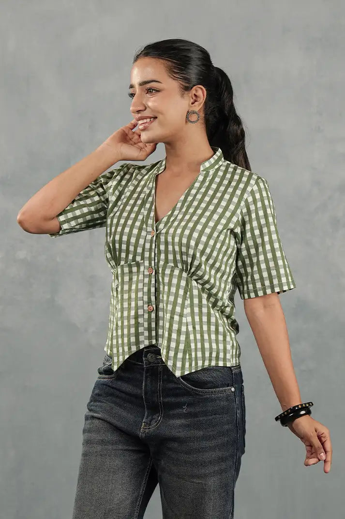 Olive Gingham Cinched Top