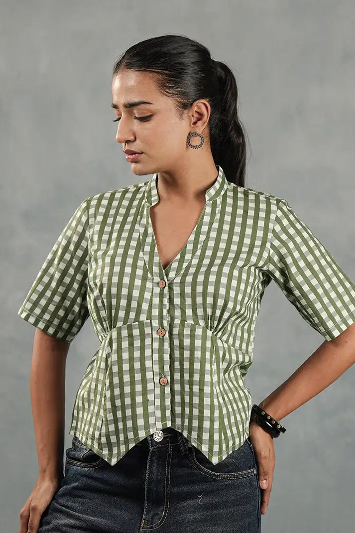Olive Gingham Cinched Top