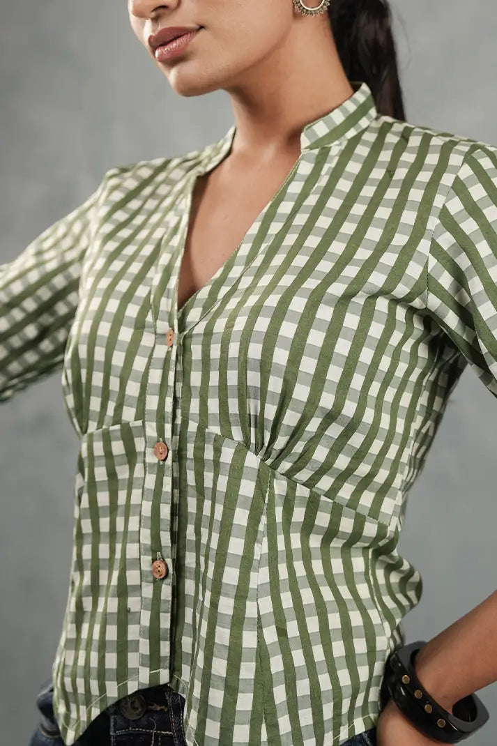 Olive Gingham Cinched Top