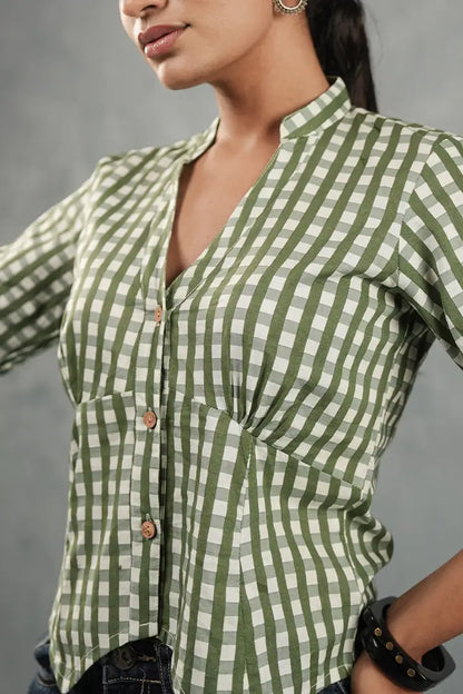 Olive Gingham Cinched Top