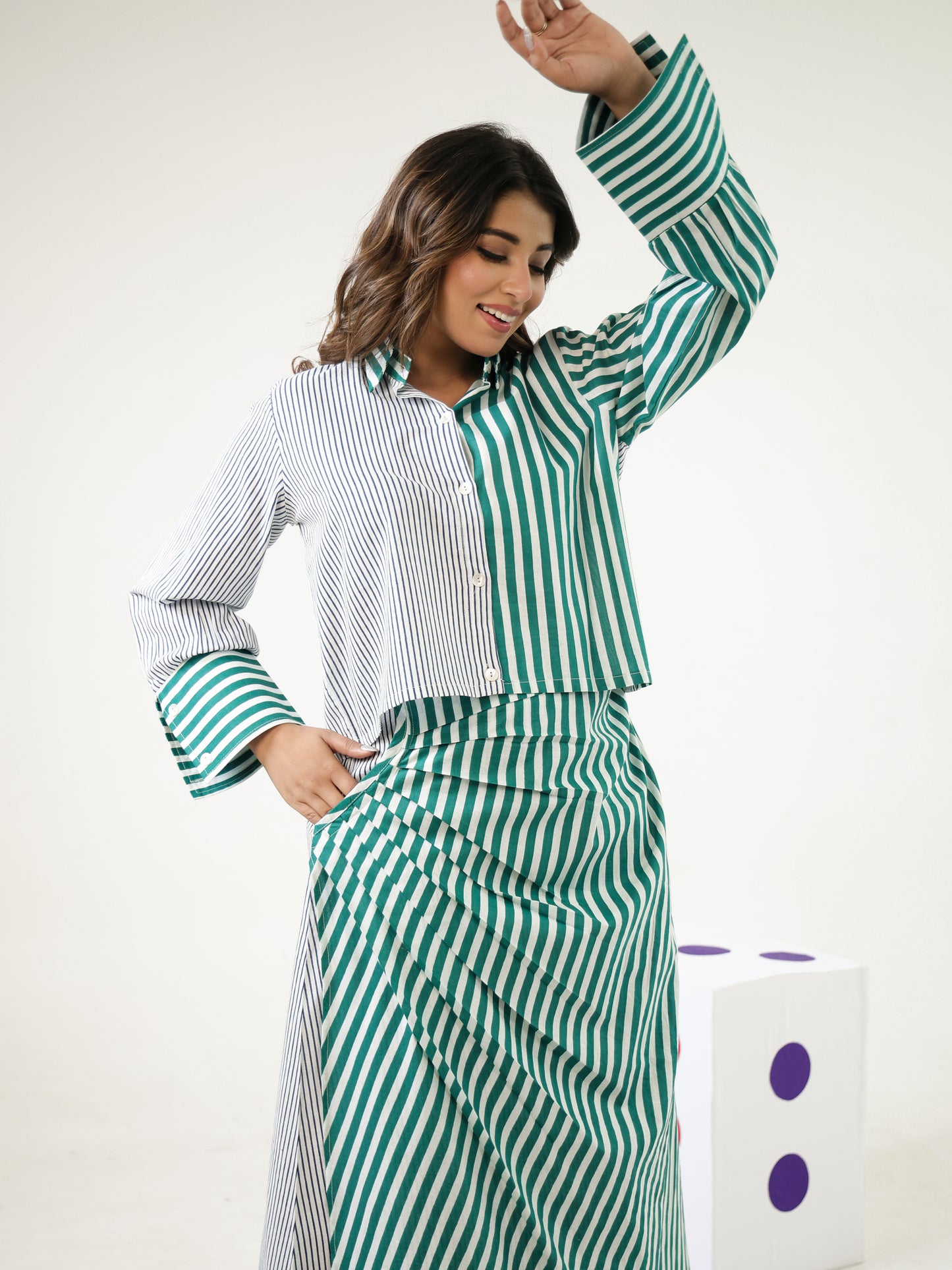 Verde Stripes Top & Skirt Set