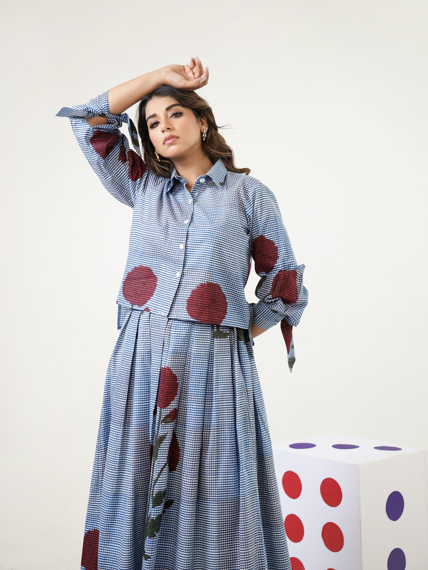 Shibori Checks Top & Skirt Set