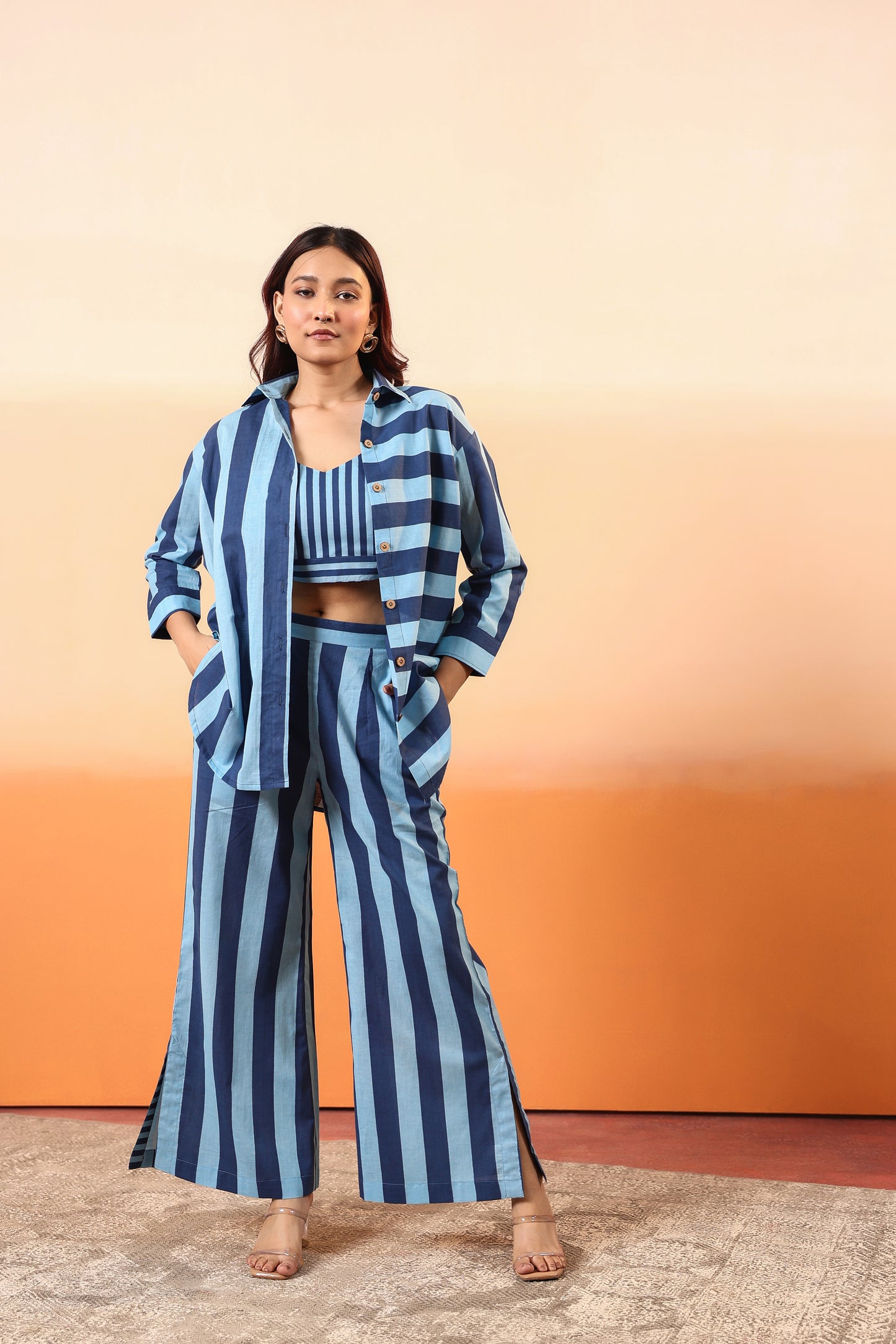 Lapis Stripes Three Pcs Cotton Coord Set