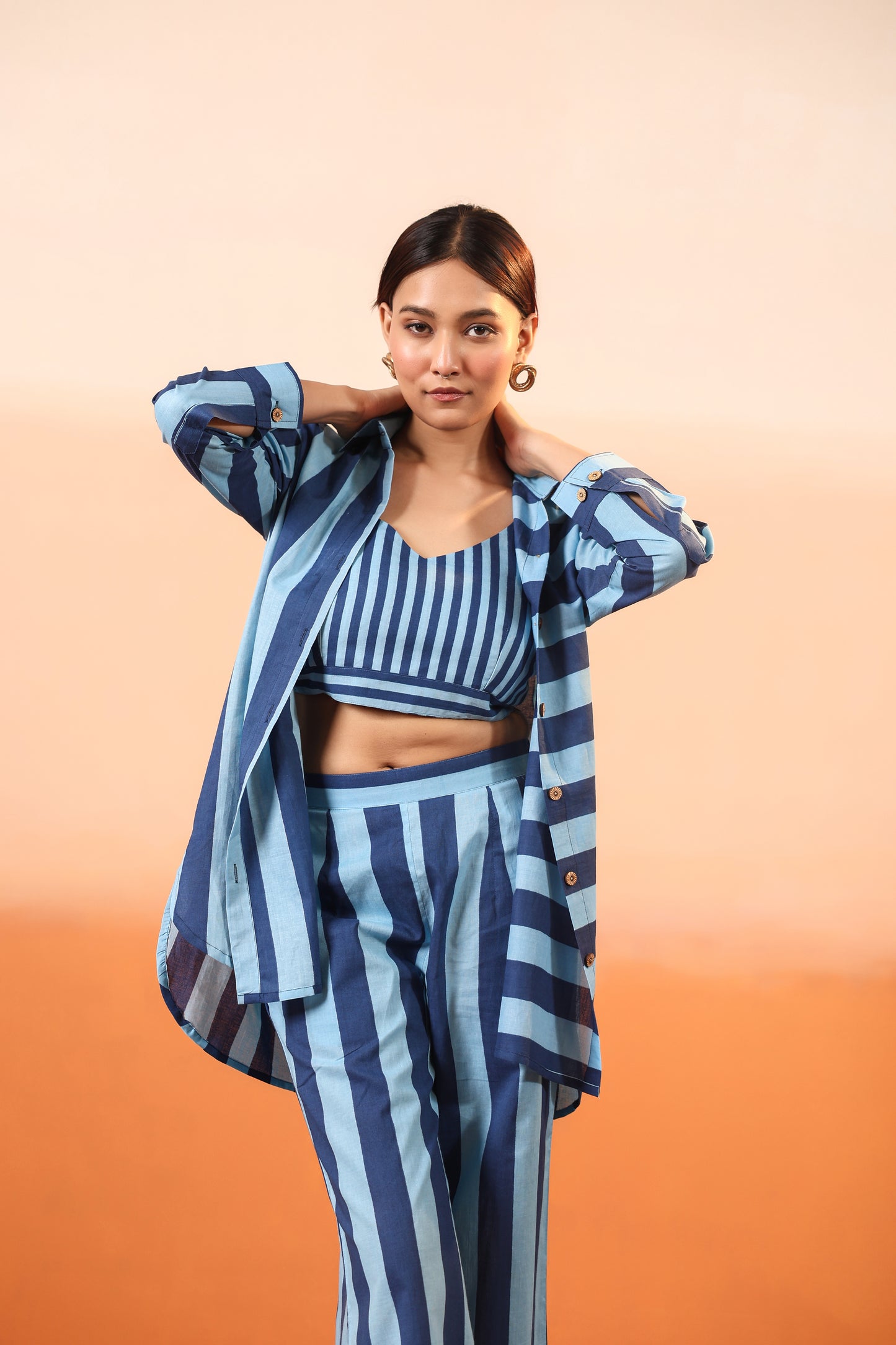 Lapis Stripes Three Pcs Cotton Coord Set