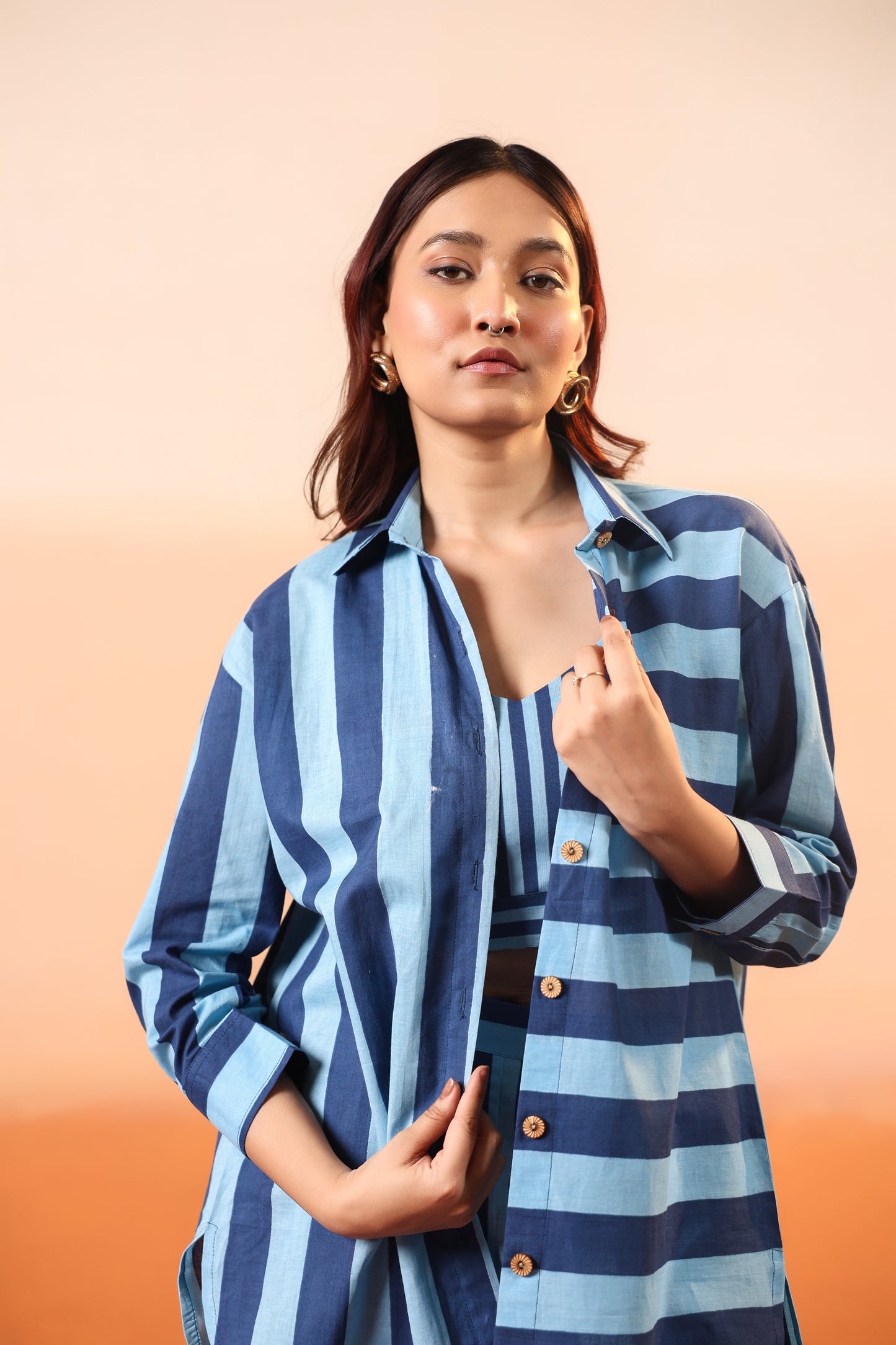 Lapis Stripes Three Pcs Cotton Coord Set