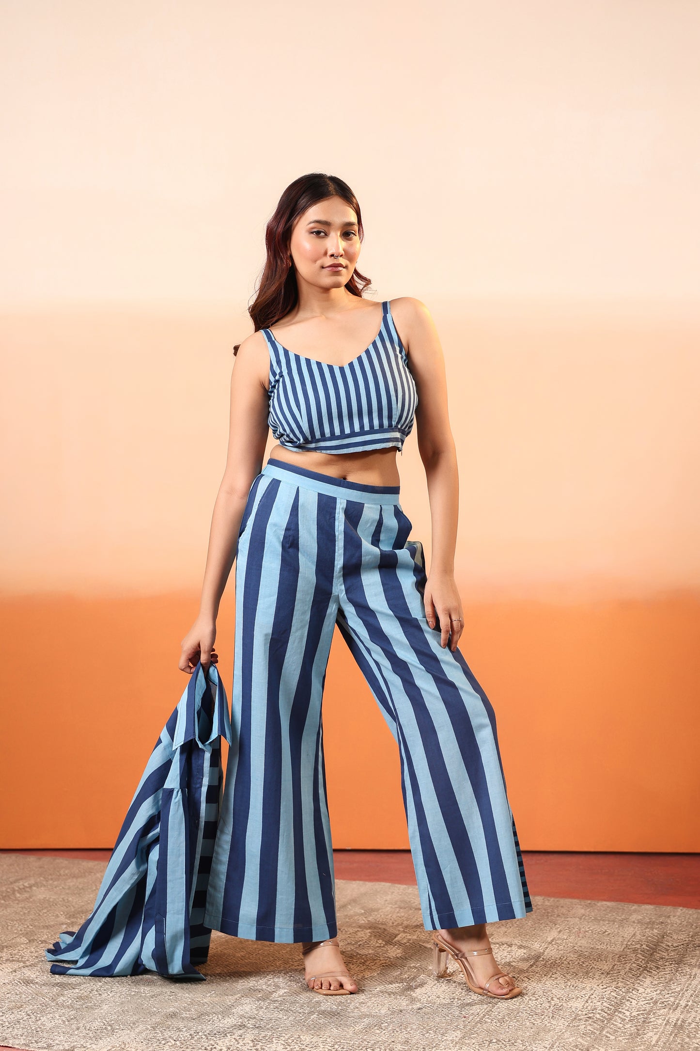 Lapis Stripes Three Pcs Cotton Coord Set
