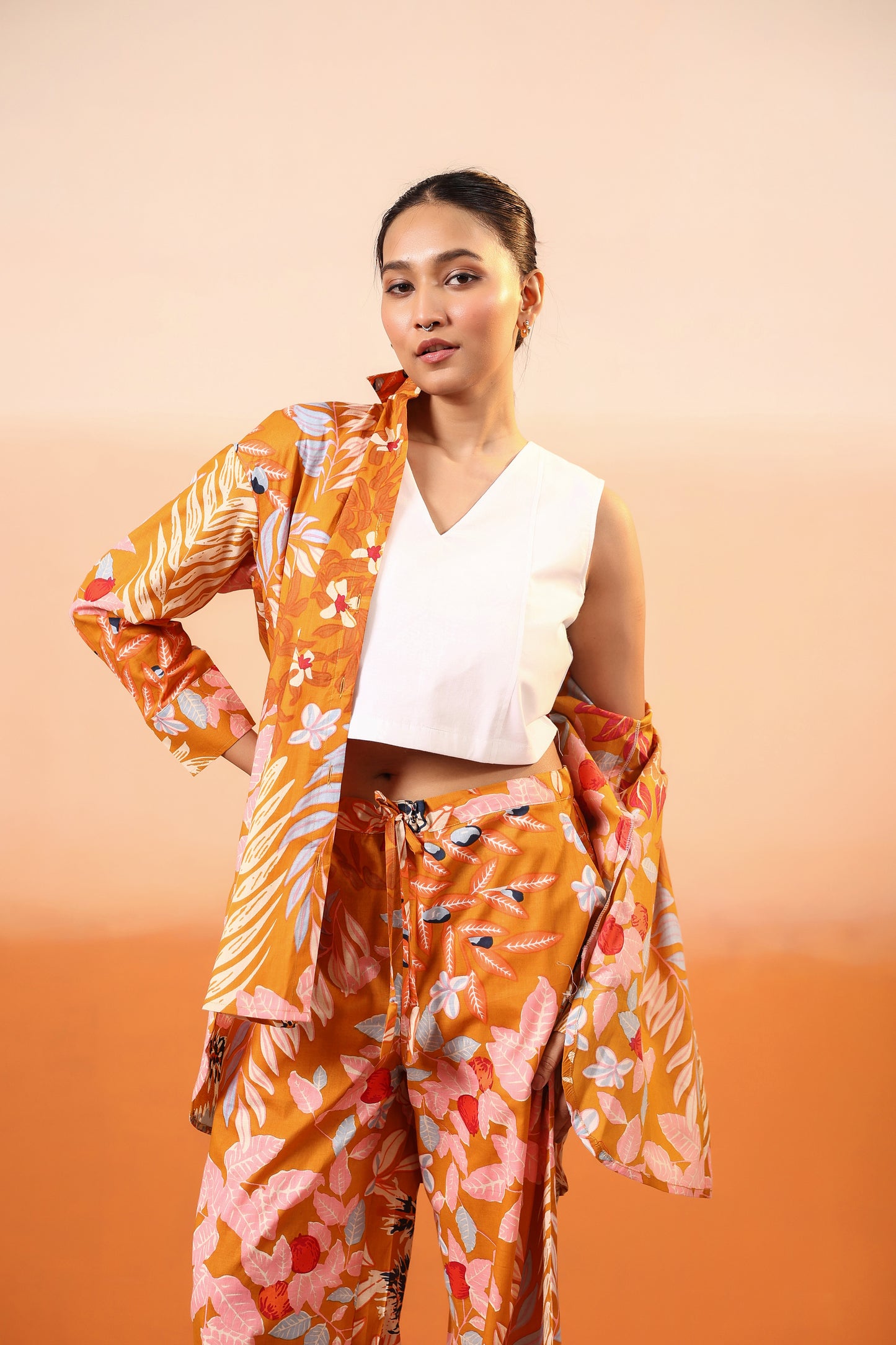 Wild Saffron Three Pcs Cotton Coord Set