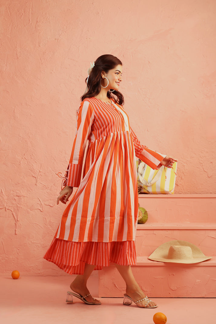 Coral Crush Striped Tier Dress