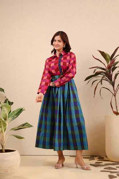 Berry Emerald Checkered Skirt Set