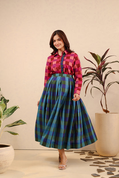 Berry Emerald Checkered Skirt Set