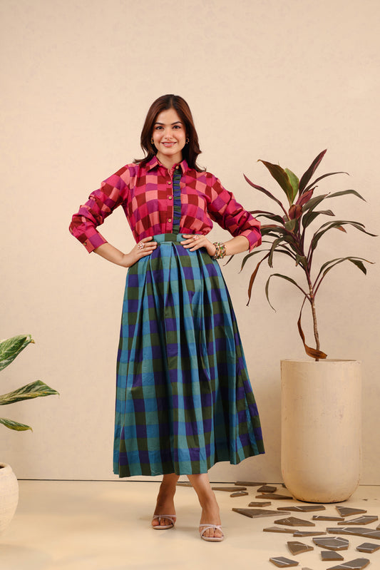 Berry Emerald Checkered Skirt Set