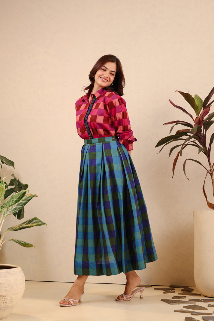 Berry Emerald Checkered Skirt Set