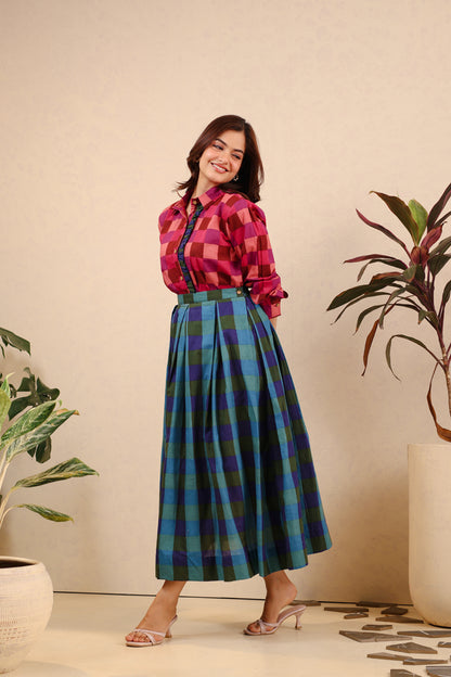 Berry Emerald Checkered Skirt Set