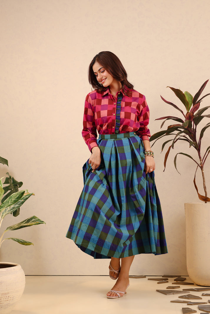 Berry Emerald Checkered Skirt Set