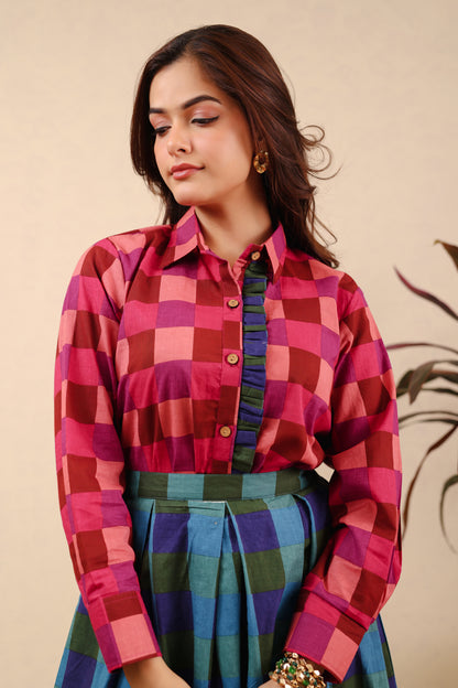 Berry Emerald Checkered Skirt Set