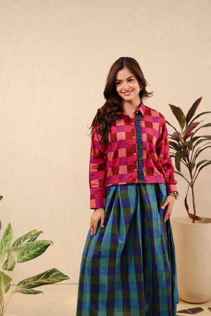 Berry Emerald Checkered Skirt Set