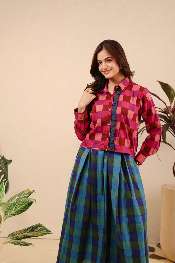 Berry Emerald Checkered Skirt Set