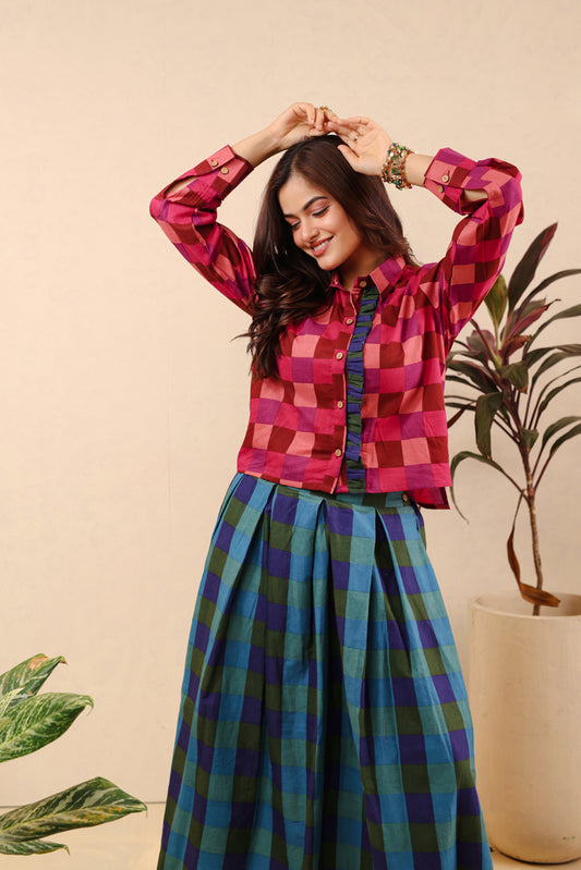 Berry Emerald Checkered Skirt Set