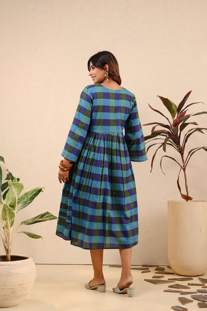 Ocean Bloom Checkered Cotton Dress
