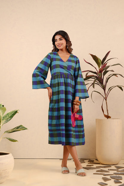 Ocean Bloom Checkered Cotton Dress