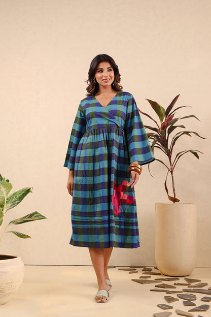 Ocean Bloom Checkered Cotton Dress