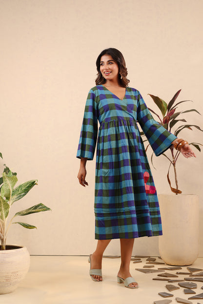 Ocean Bloom Checkered Cotton Dress