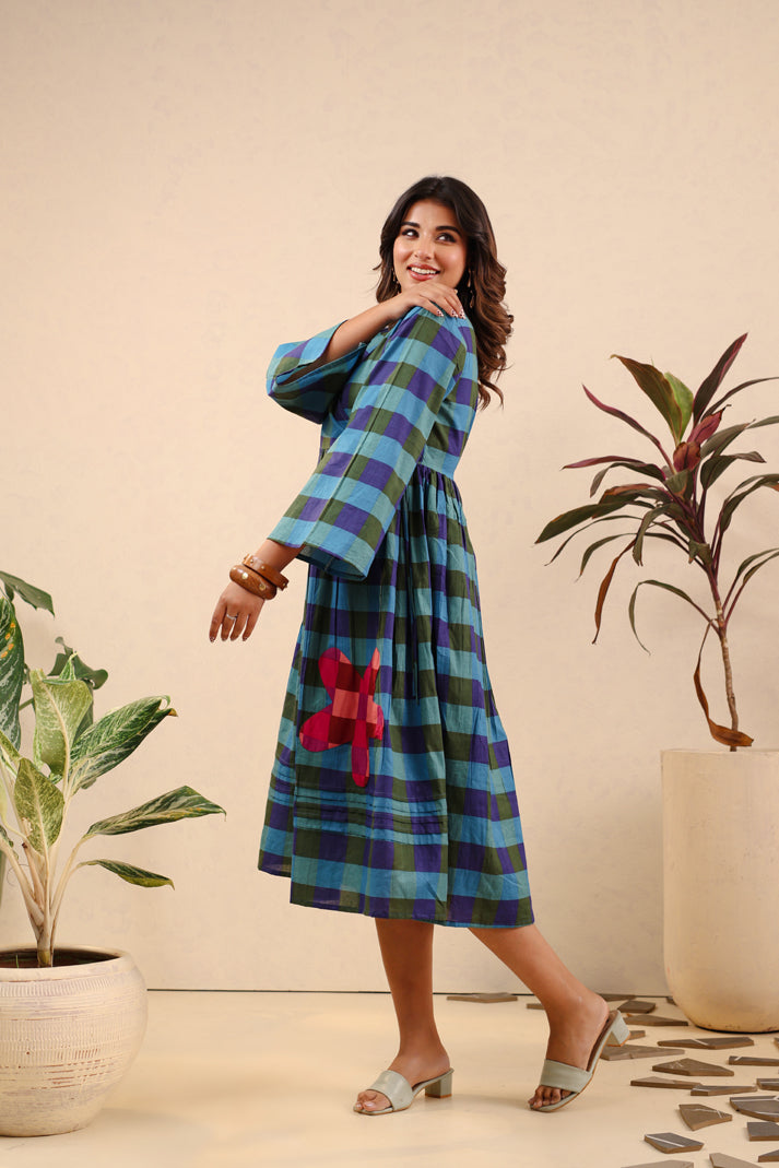 Ocean Bloom Checkered Cotton Dress