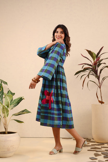 Ocean Bloom Checkered Cotton Dress