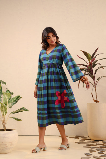 Ocean Bloom Checkered Cotton Dress