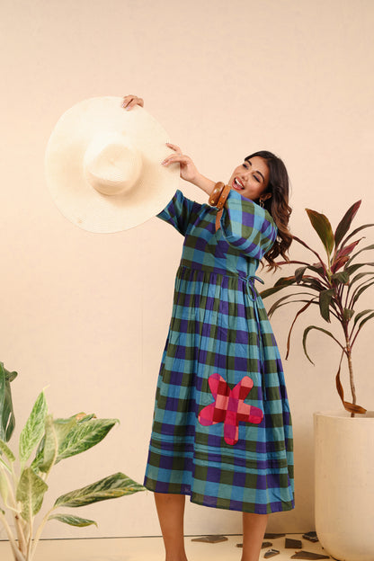 Ocean Bloom Checkered Cotton Dress