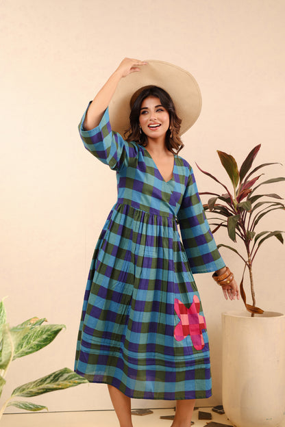 Ocean Bloom Checkered Cotton Dress