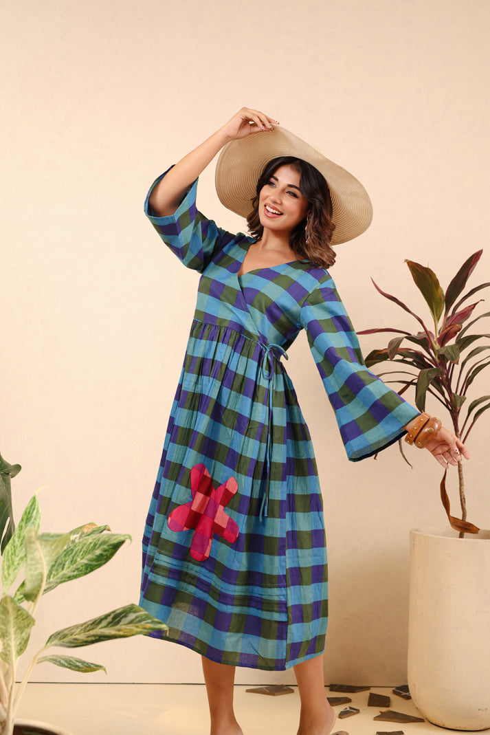 Ocean Bloom Checkered Cotton Dress