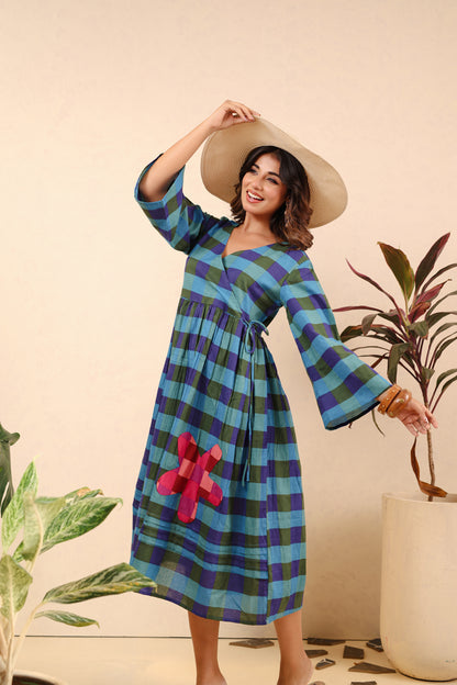 Ocean Bloom Checkered Cotton Dress