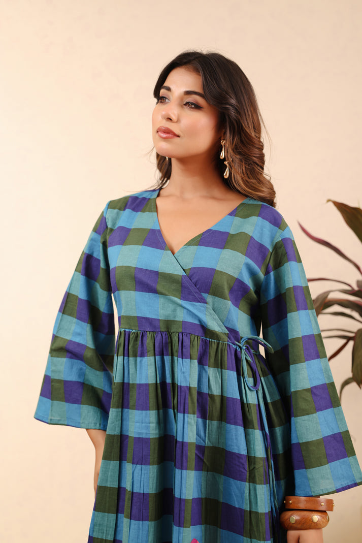 Ocean Bloom Checkered Cotton Dress
