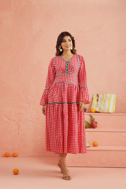 Coral Picnic Cotton Tiered Dress