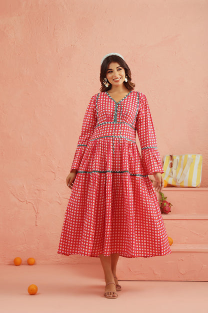 Coral Picnic Cotton Tiered Dress