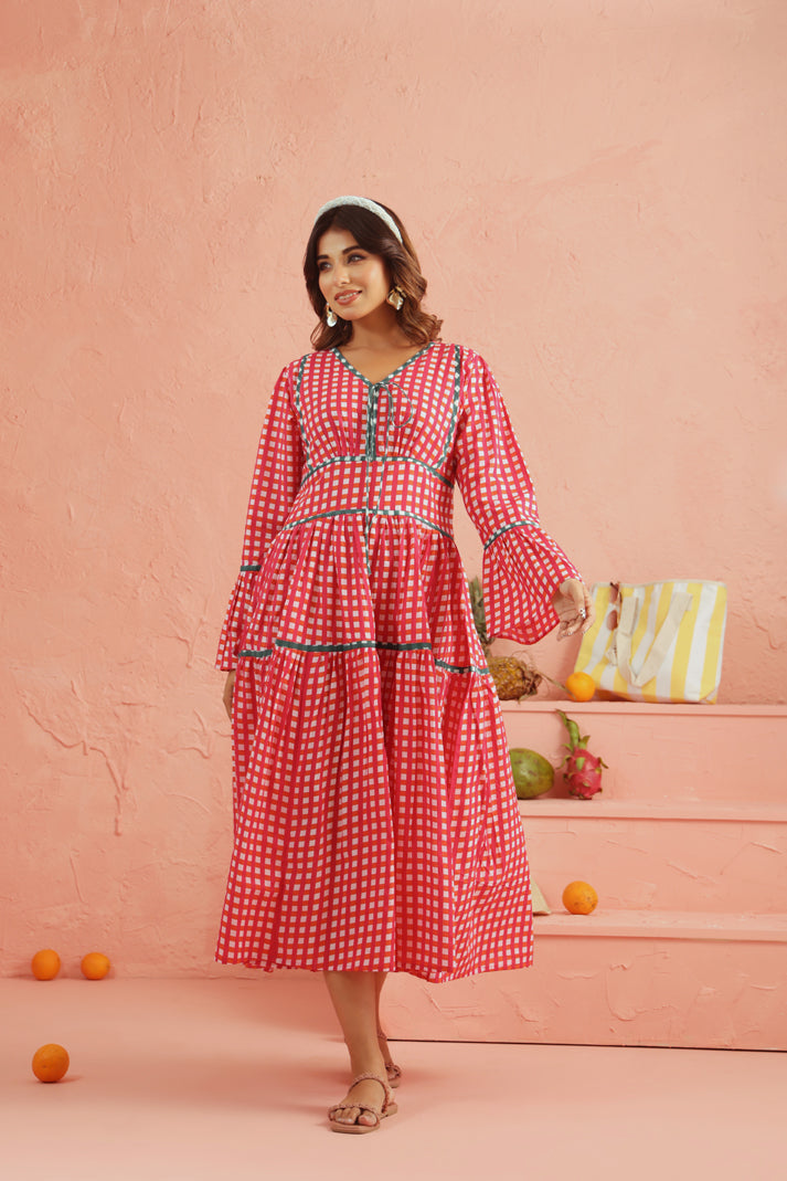 Coral Picnic Cotton Tiered Dress