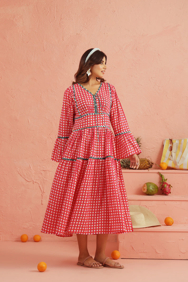 Coral Picnic Cotton Tiered Dress
