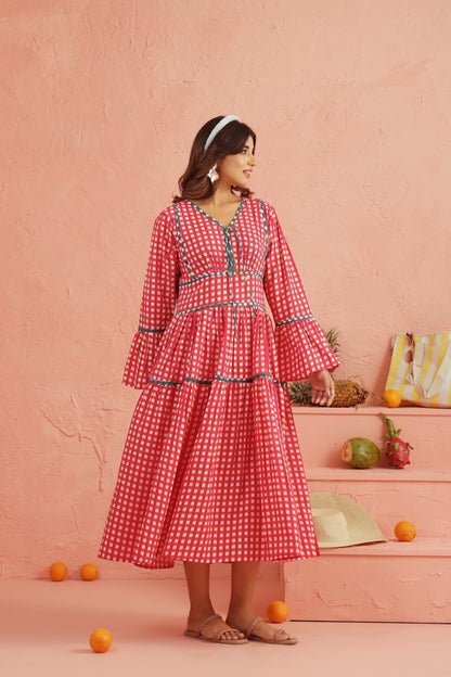 Coral Picnic Cotton Tiered Dress