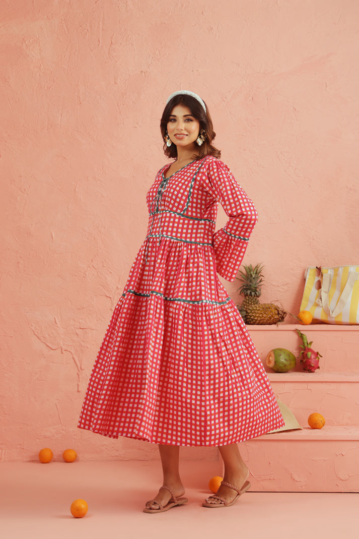 Coral Picnic Cotton Tiered Dress