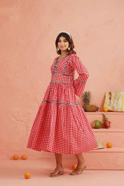 Coral Picnic Cotton Tiered Dress