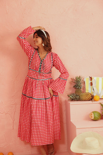 Coral Picnic Cotton Tiered Dress