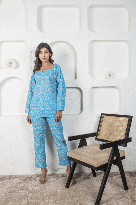 Aqua Blue Cotton Top & Pant Set