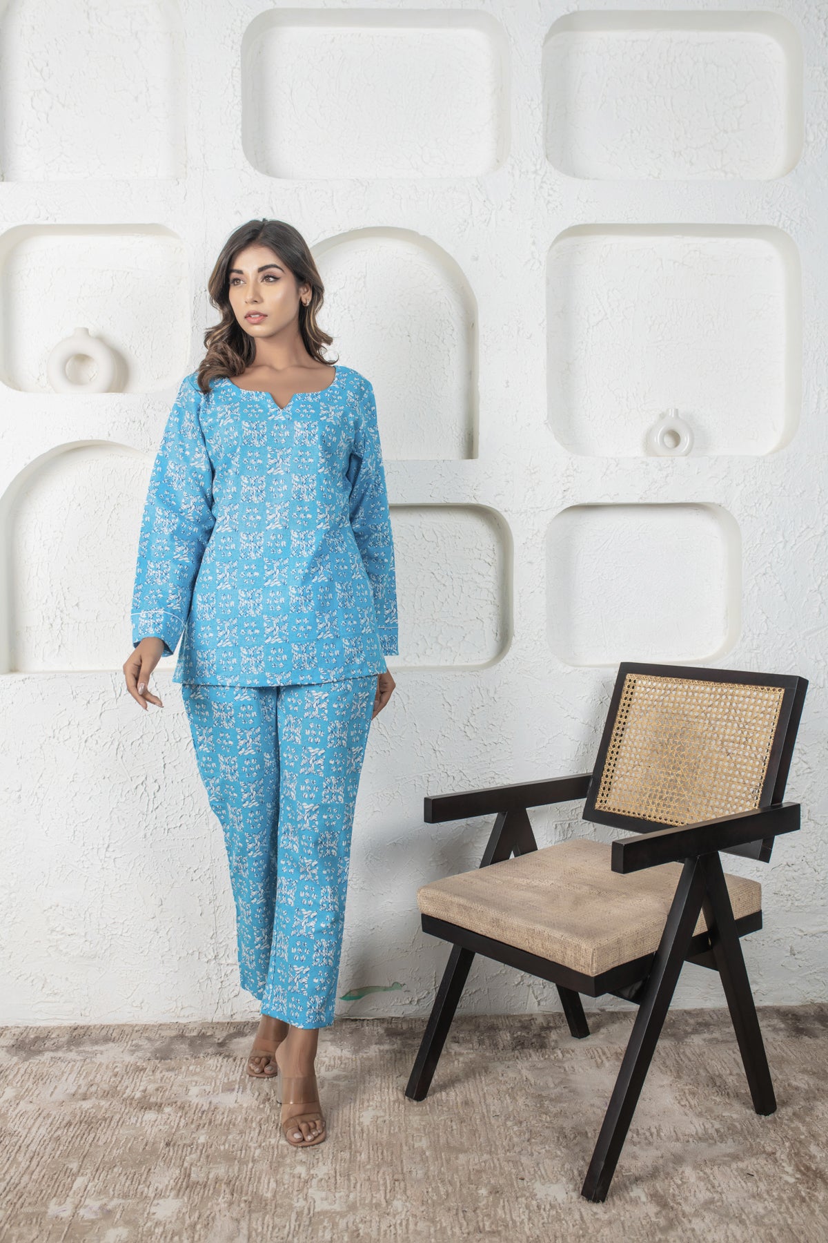 Aqua Blue Cotton Top & Pant Set