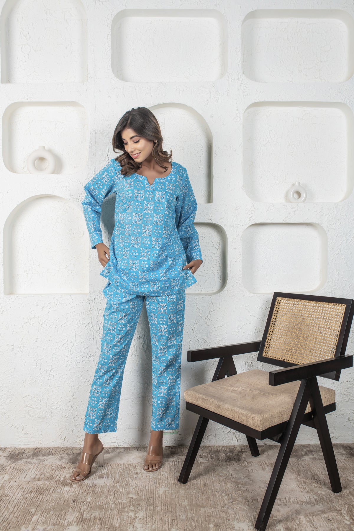 Aqua Blue Cotton Top & Pant Set